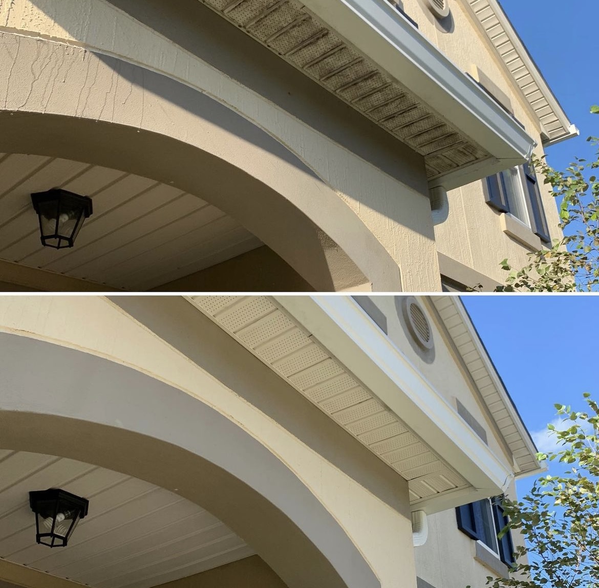 Archway eave before and after soft washing, mildew streaks removed