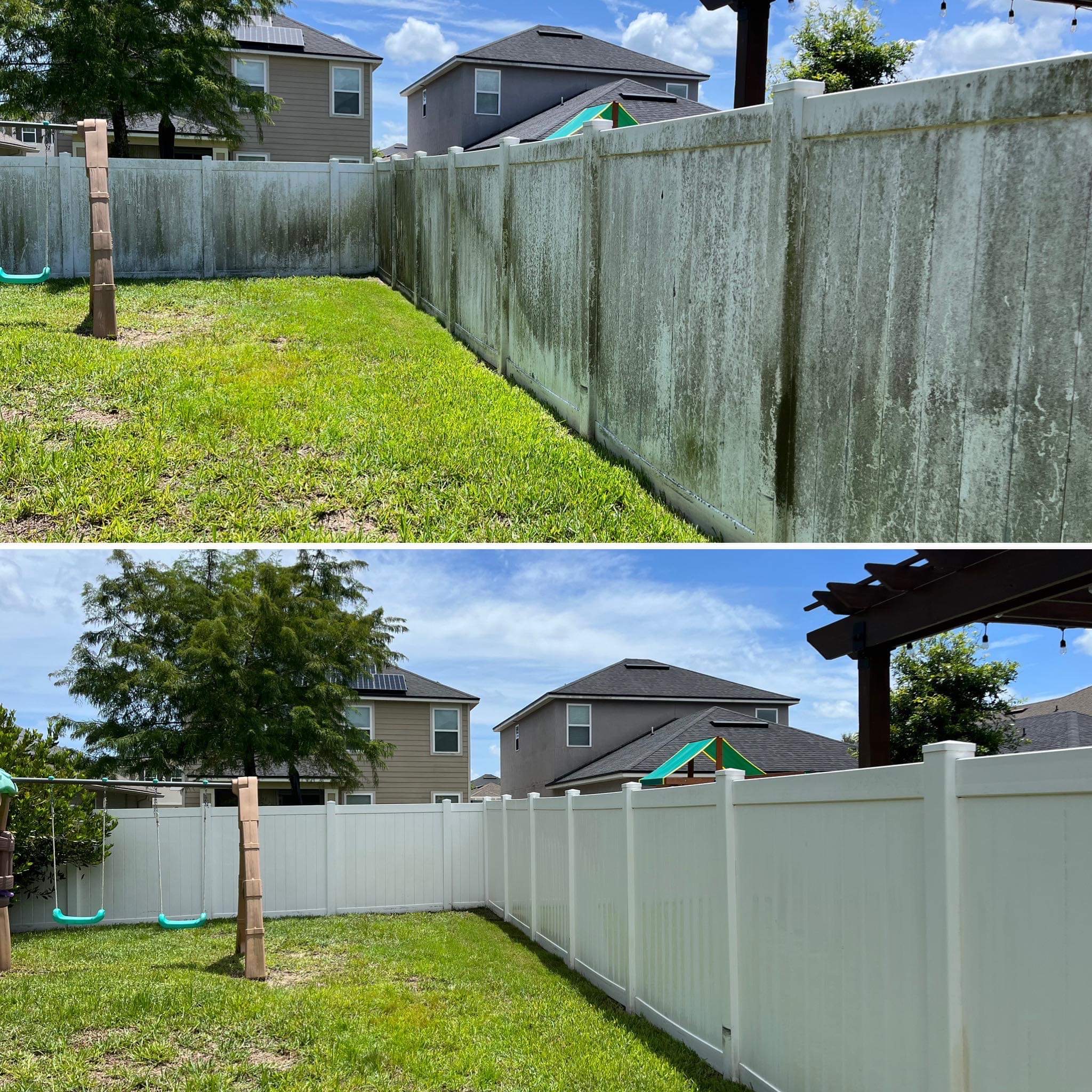 Vinyl fence before and after pressure washing, green algae stains removed