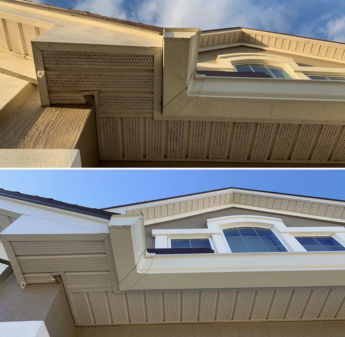 Roofline and gable eaves before and after soft washing