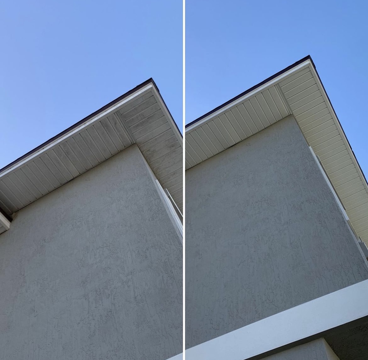 Stucco corner and soffit before and after soft washing