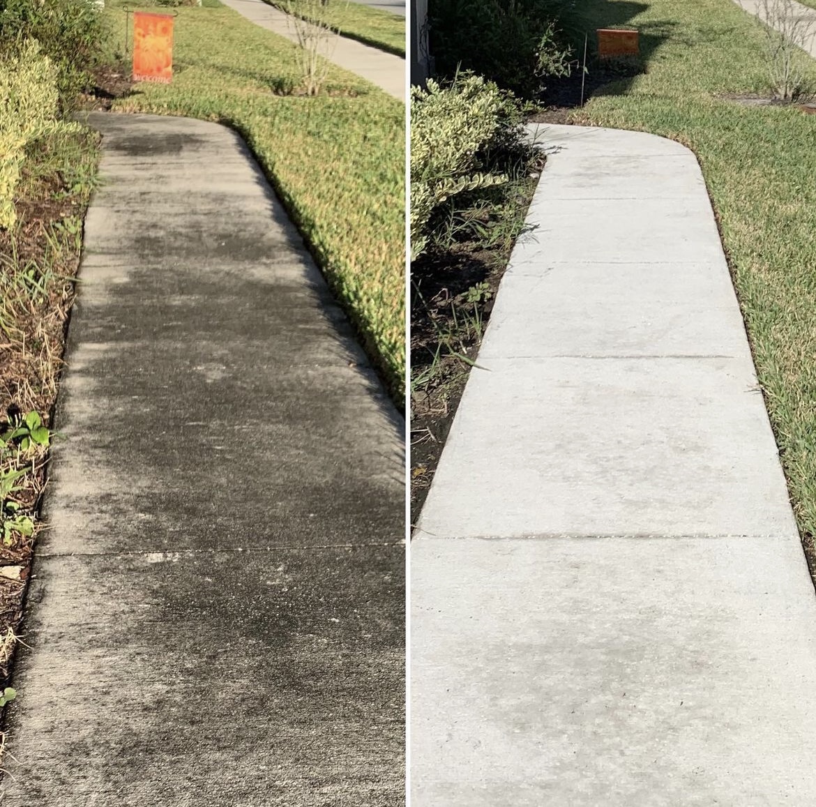 Concrete walkway before and after pressure washing