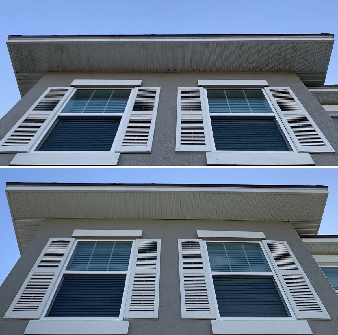 Windows and shutters before and after soft washing, soffit stains removed